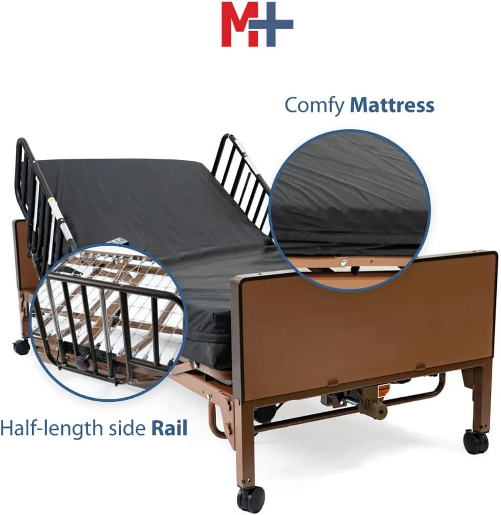Med Mart Fully Electric Hospital Bed Set With Foam Mattress And Half Rails, Twin, Bronze, 80 x 36 x 21.5 in