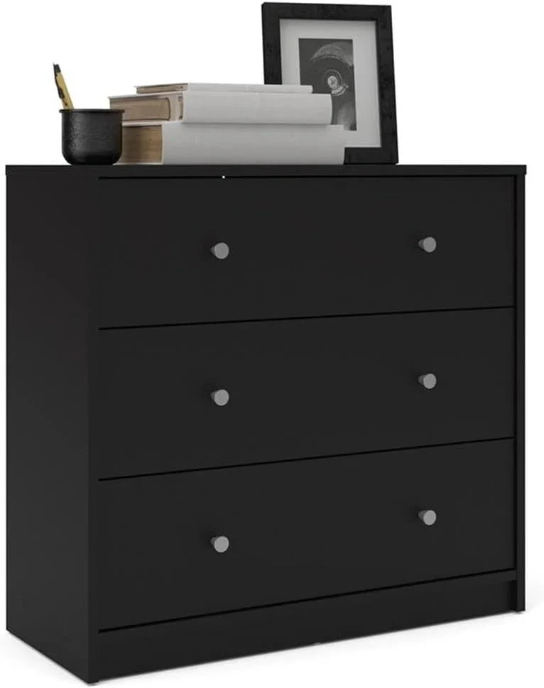 3-Piece Scandinavian Engineered Wood Bedroom Furniture Set With Black 6-Drawer Dresser, 3-Drawer Chest And Nightstand