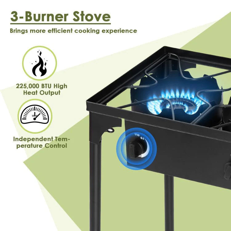 Portable 3-Burner Propane Camping Gas Stove 225000 BTU Cast Iron Black