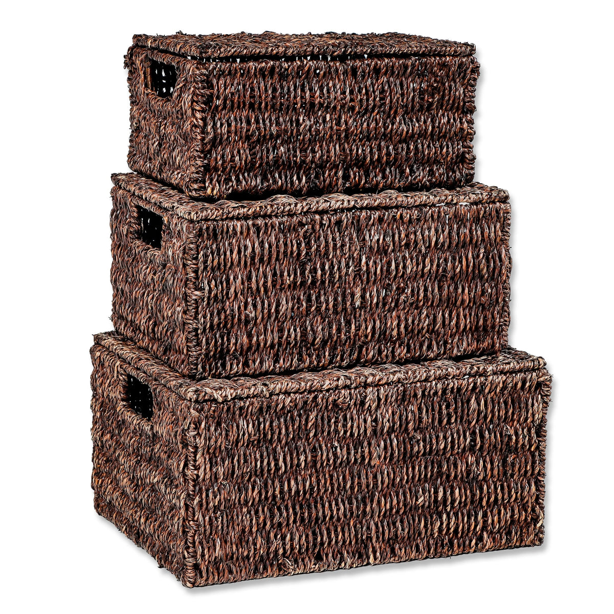 Set Of 3 Small Rectangular Seagrass Storage Baskets With Lids - Natural Beige