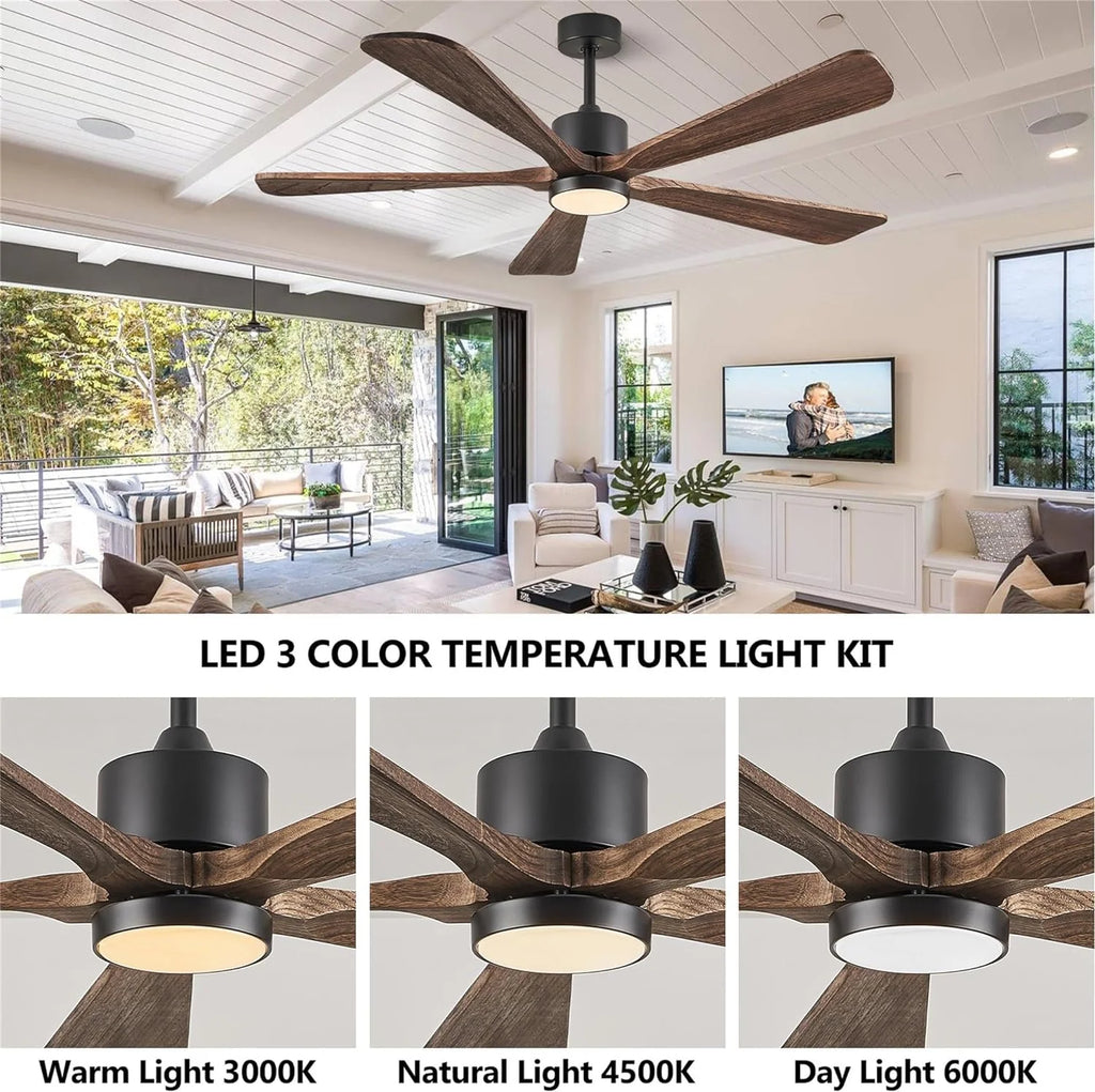 BOOSANT 60 inch Ceiling Fan With LED Light, 5 Solid Wood Blades, 6 Speeds, Deep Brown - 8727