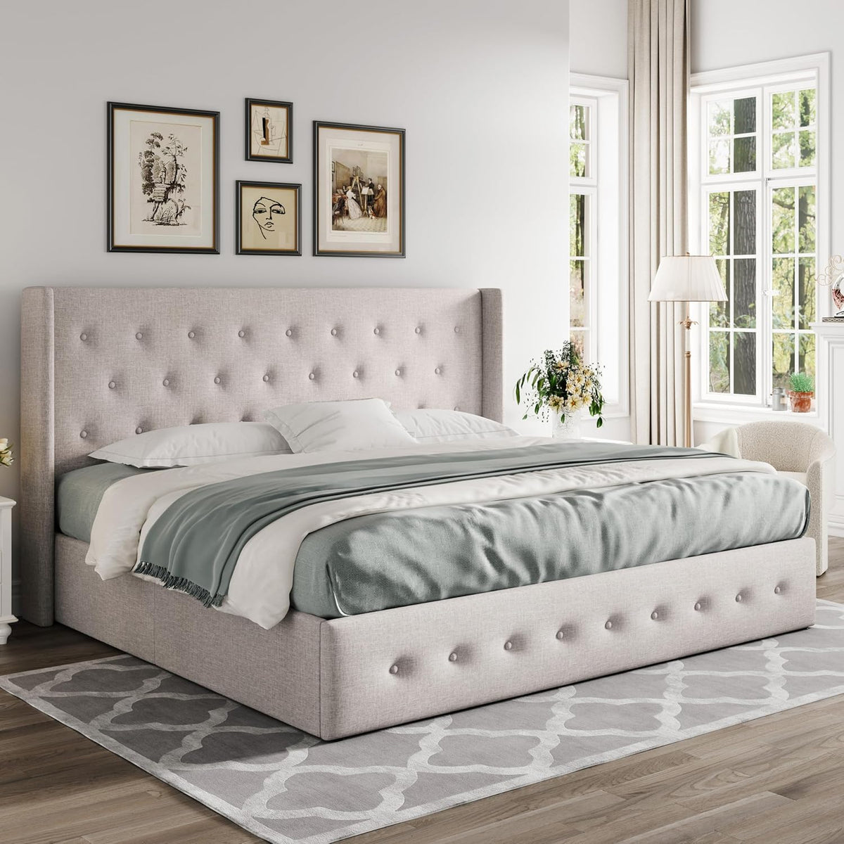 Queen Size Lift-Up Storage Bed With Wingback Headboard, Upholstered Platform Bed Frame With Hidden Storage