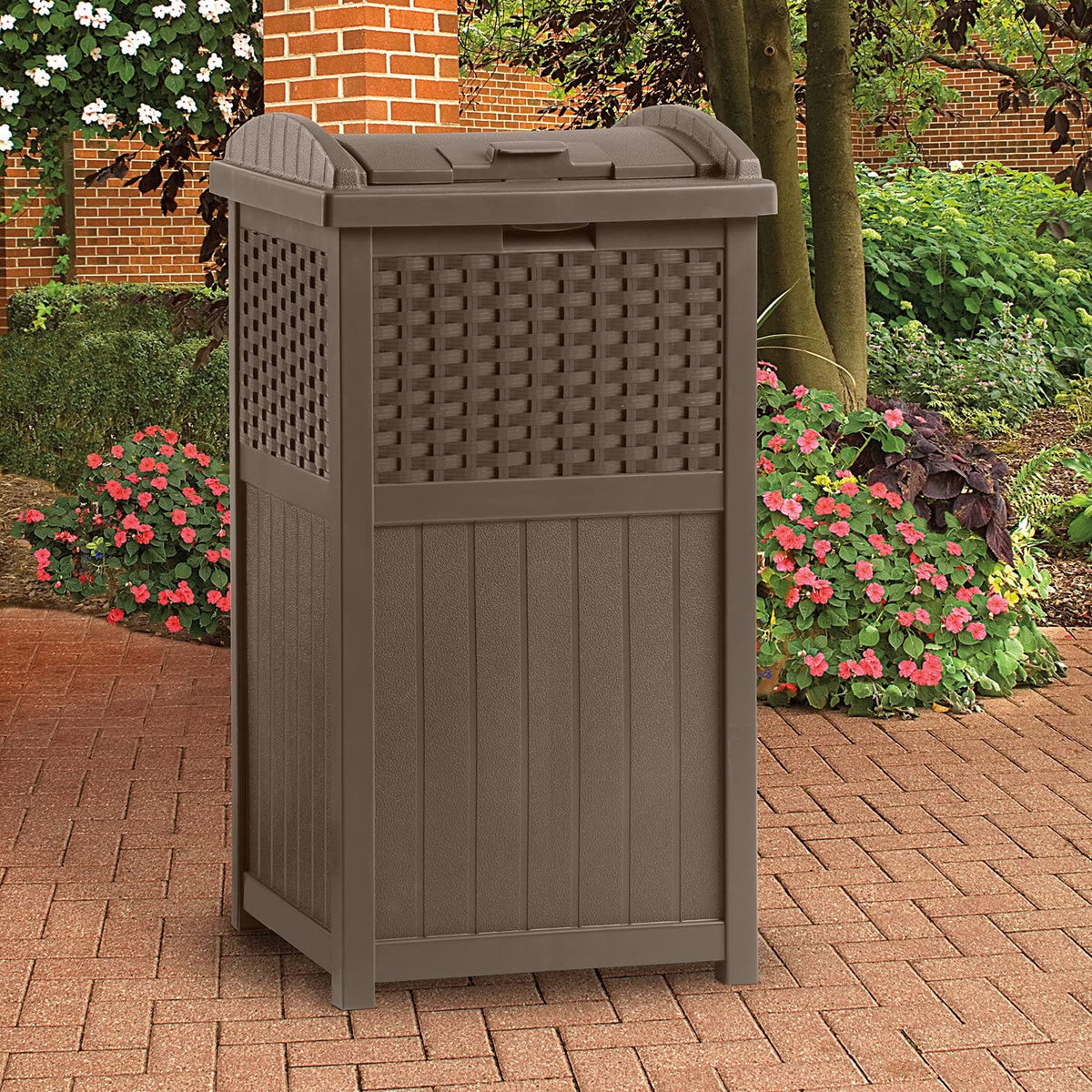 Suncast 77 Quart Resin Beverage Cart, Java, With 33 Gallon Resin Trash Can