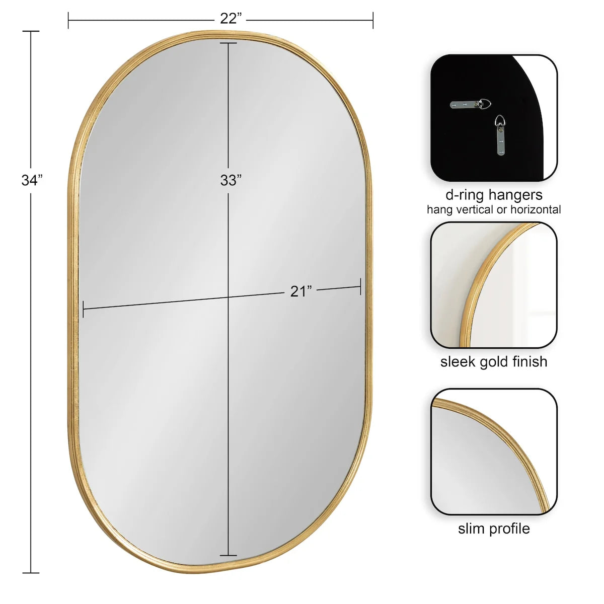 Capsule Framed Wall Mirror, 16x48, 18x24, 22x34, 24x36, Black, Bronze, Gold, Gray, Silver, Antique-Bronze
