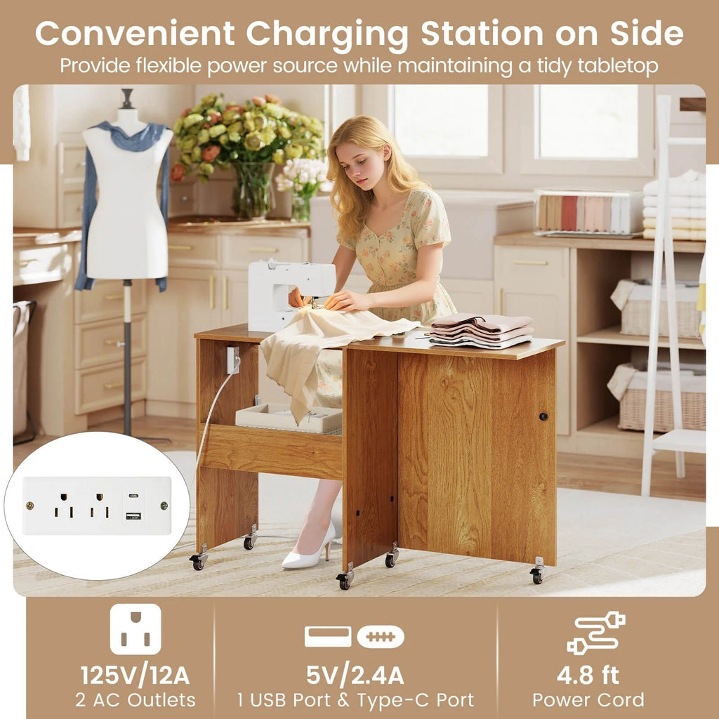 Costway Folding Sewing Table With 3 Storage Bins And Charging Station, Natural