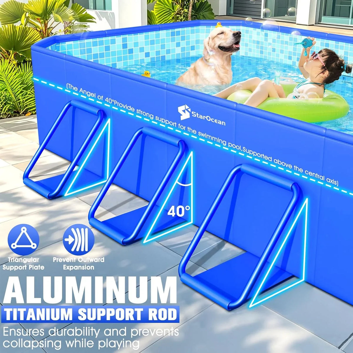 BrandStarOcean Foldable Non-Inflatable Pool, Blue, 115 in x 66 in x 20 in