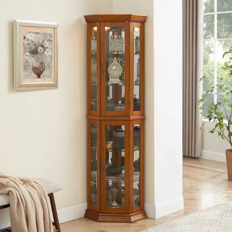 Corner Curio Display Cabinet With Lights, Mirrored Back And 6 Tempered Glass Shelves