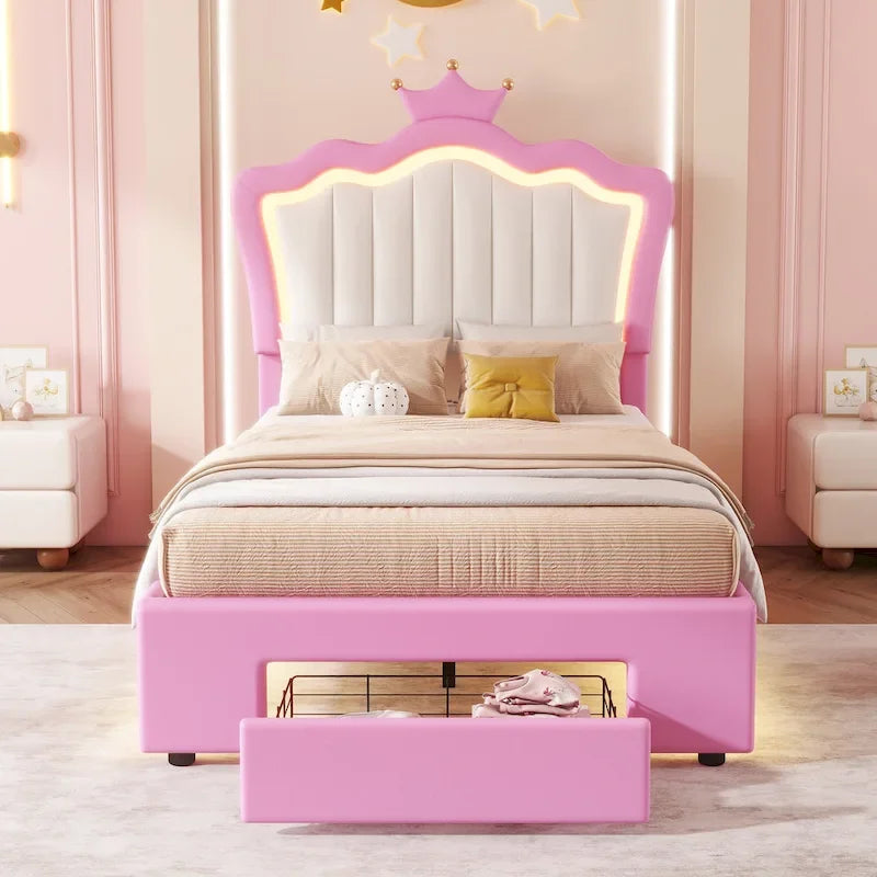 Twin Upholstered Bed Frame With LED Lights, Crown Headboard, Drawer, Pink+White - 76.8L x 44.1W x 51H