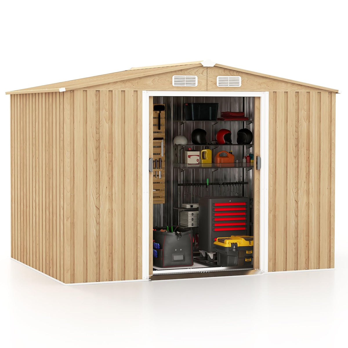 8' x 6' Metal Storage Shed With Wood Grain Finish, Base Floor And 4 Vents