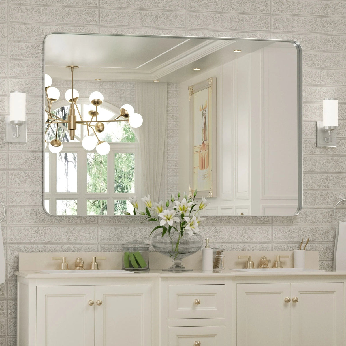 Framed Wall Vanity Mirror With Rounded Corners, 1 Piece