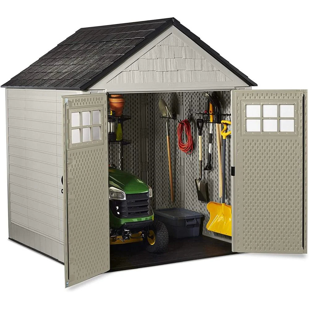Rubbermaid Resin Outdoor Garden Storage Shed 7 x 7 ft, Sand - With Windows And Utility Hooks