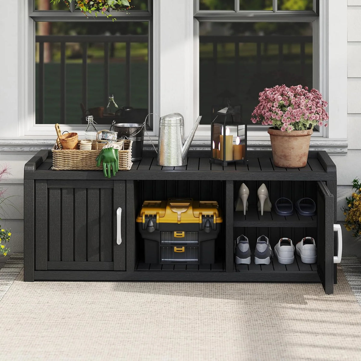 KAMABOKO Outdoor Shoe Storage Cabinet, Black, 2 Doors