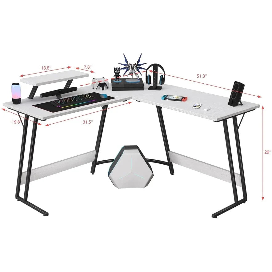 L-Shaped Gaming Computer Desk With Removable Monitor Stand, 51.3 in x 19.8 in x 29 in