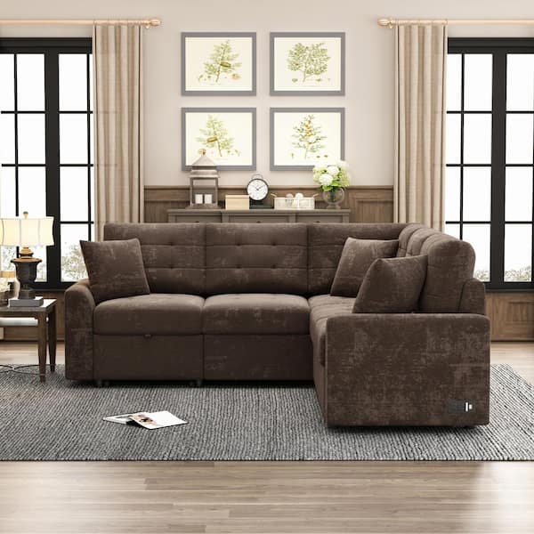 82.6 in L-Shaped Corded Velveteen Sectional Sleeper Sofa, Brown, USB Ports And Power Sockets - 82.6 in W x 82.6 in D x 33 in H