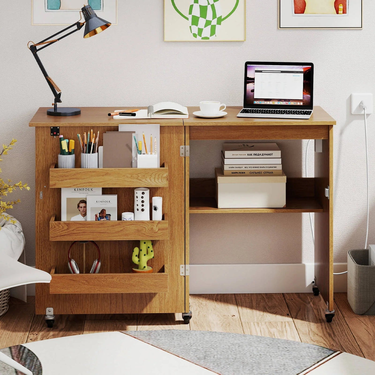 Costway Folding Sewing Table With 3 Storage Bins And Charging Station, Natural