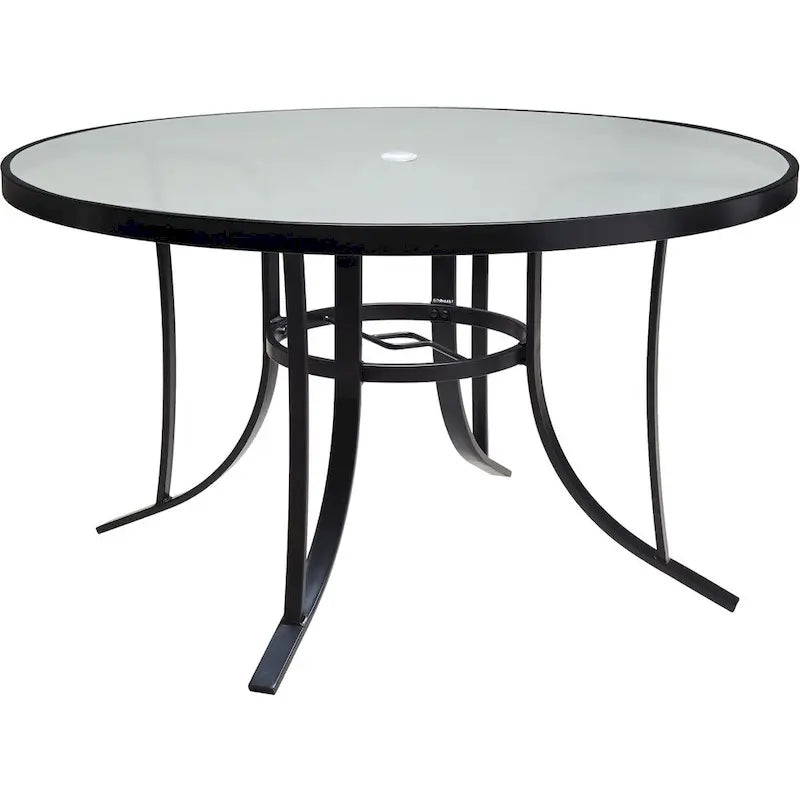 Hanover 5-Piece Outdoor Dining Set, Ocean Blue, 52-in Round Glass-Top Table, 4 Chairs, 9-ft Umbrella and Base - Lavallette