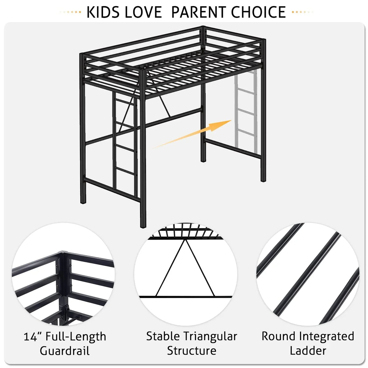 SHA CERLIN Junior Loft Bed Frame, Twin Size, Black