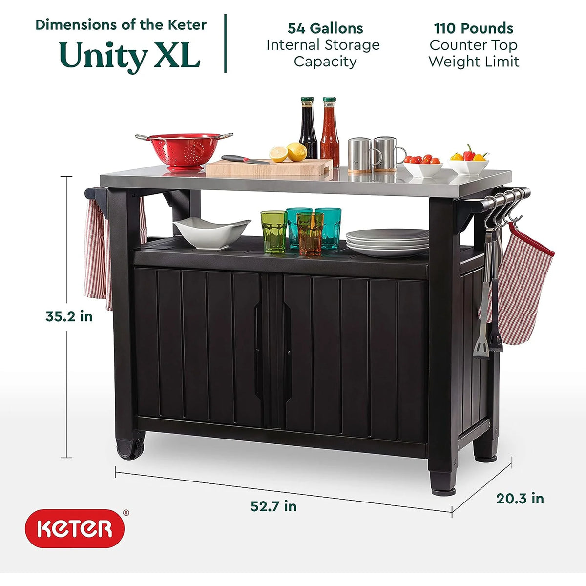 Keter Outdoor Kitchen Rolling Bar Cart, Brown, 78 Gallon - Unity XL
