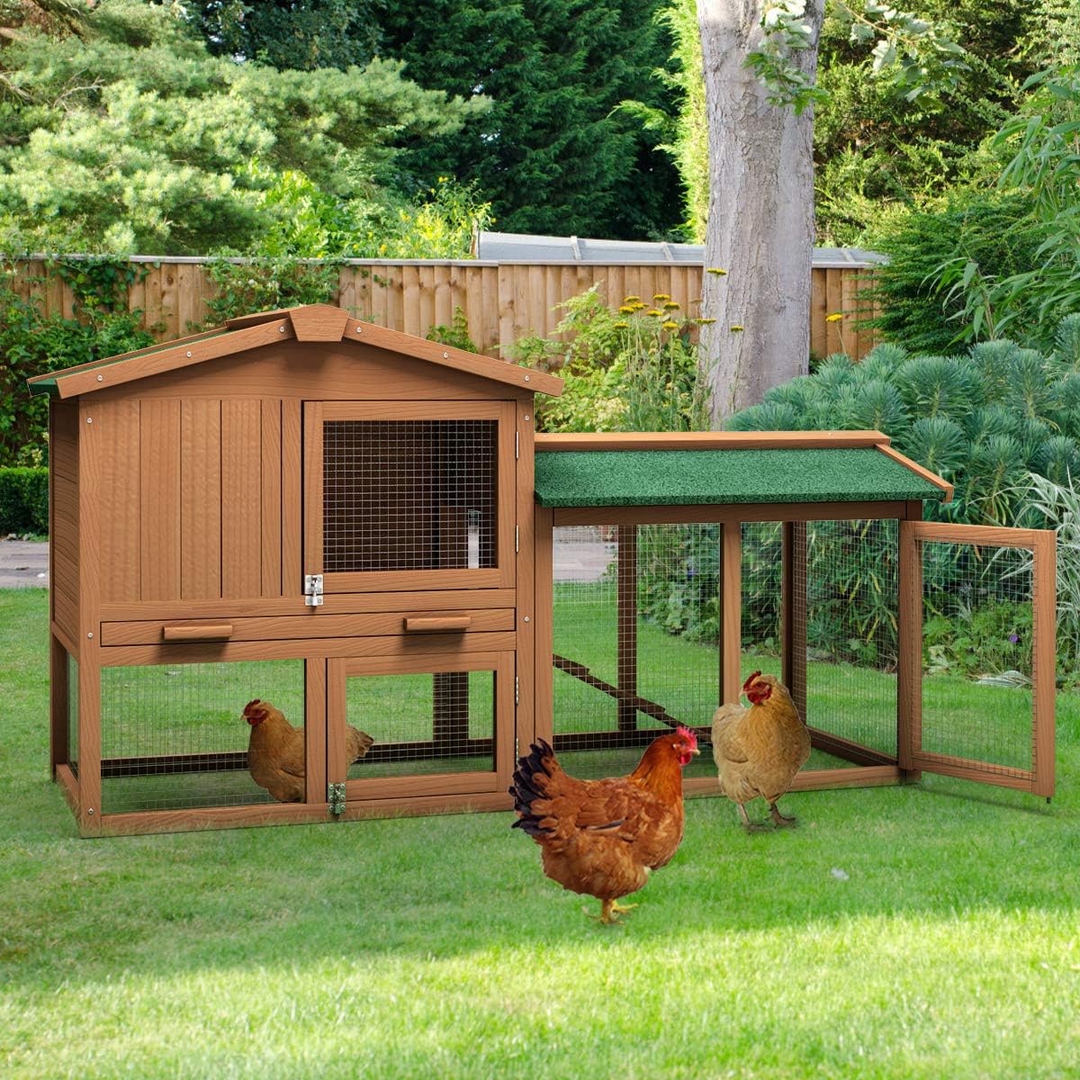 Wooden Chicken Coop With Nesting Box, Ramp And Removable Tray - 58 Inches