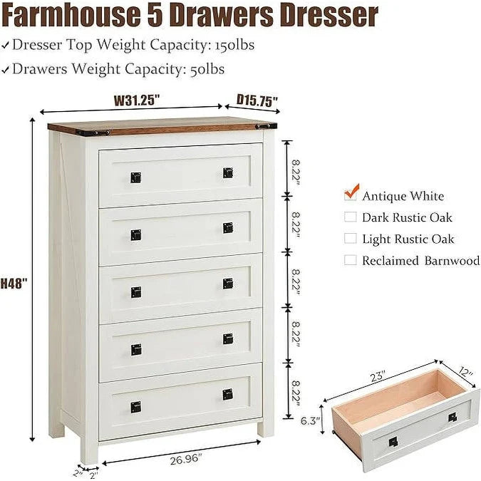 Farmhouse Engineered Wood 5-Drawer Dresser, 15.75in D x 31.25in W x 48in H