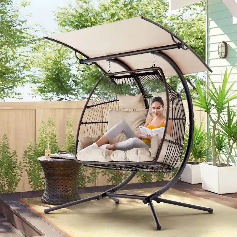 Outdoor Swing Loveseat With Stand, Foldable Hanging Chair, Hammock Cushion And Awning - Beige