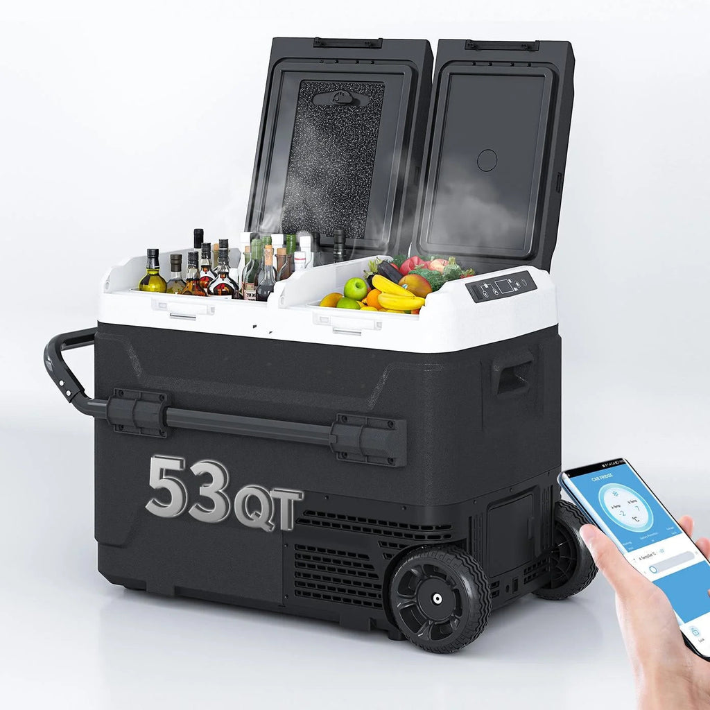 DISHUP Portable Car Refrigerator 12V, 53QT (50L), Dual Zone - Black