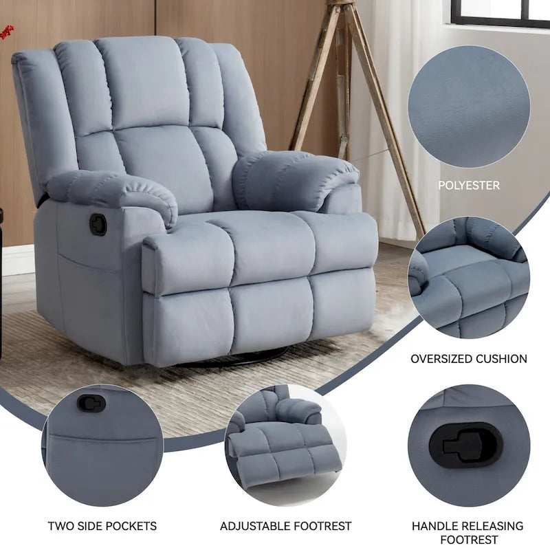 Lazy Boy Oversized Fabric Swivel Rocking Manual Recliner Chair, 37.8L*38.2W*41H, 155 Degrees