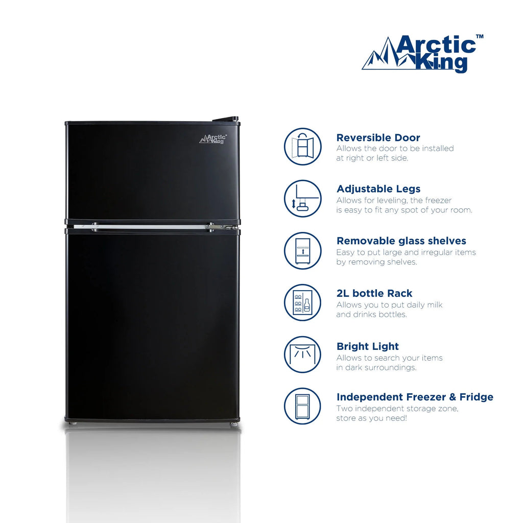 Arctic King Two-Door Mini Fridge With Freezer, 3.2 Cu ft, 18.5 in x 19.4 in x 33.3 in, Stainless Steel - E-Star