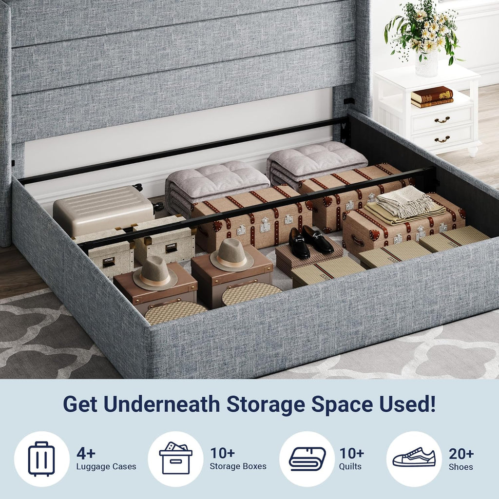 Queen Size Lift-Up Storage Bed With Wingback Headboard, Upholstered Platform Bed Frame With Hidden Storage