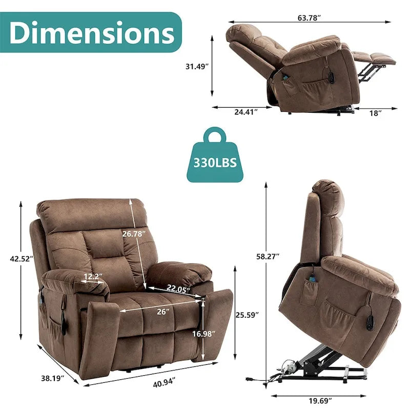 Large Electric Power Lift Recliner With Heat, Massage, Hidden Cup Holder - 40.94W x 38.19D x 42.52H