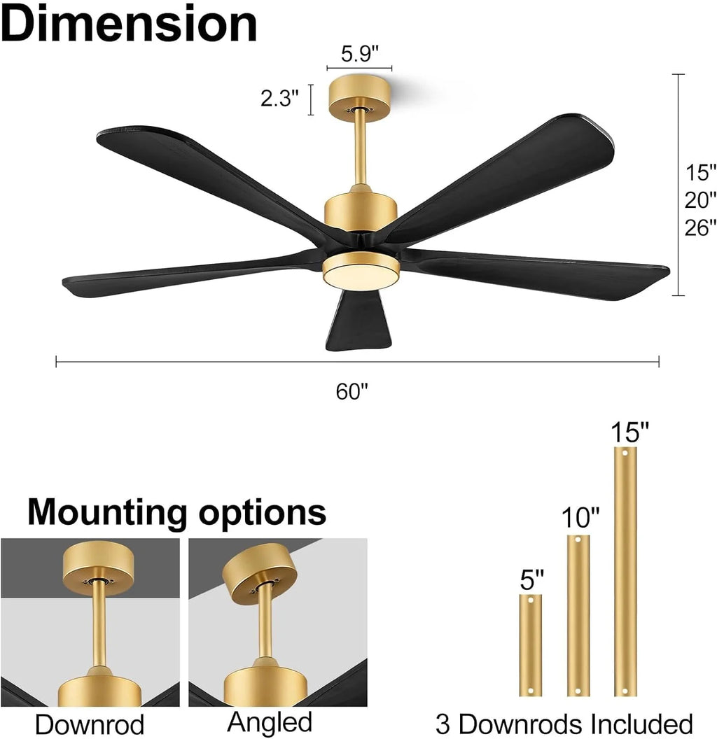 BOOSANT 60 inch Ceiling Fan With LED Light, 5 Solid Wood Blades, 6 Speeds, Deep Brown - 8727