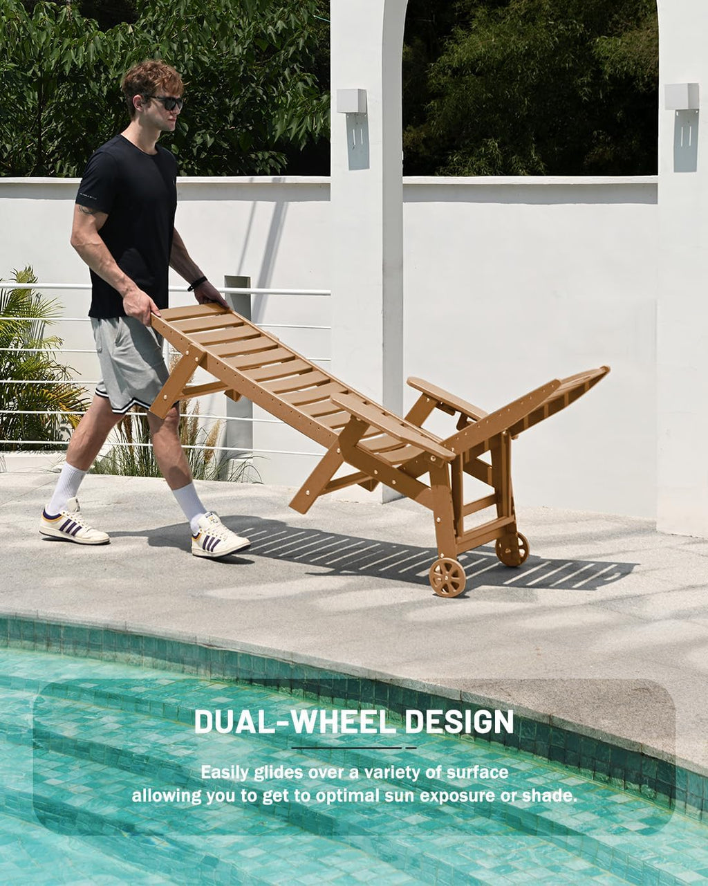 SUUNYN HDPE 6-Position Outdoor Chaise Lounge Chair With Wheels And Cup Holder - Teak