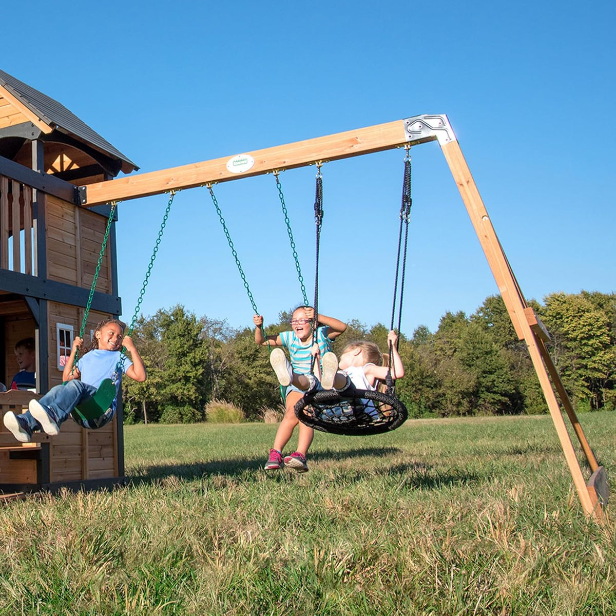 Backyard Discovery Cedar Wood Swing Set With Wave Slide, Clubhouse, Play Kitchen, Belt And Web Swings - Canyon Creek