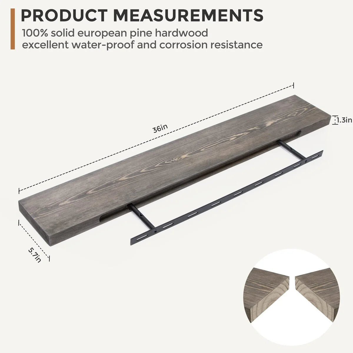 Set Of 2 Handcrafted European Pine Floating Wall Shelves, 16inch/24inch/36inch, Grey/Espresso/Walnut