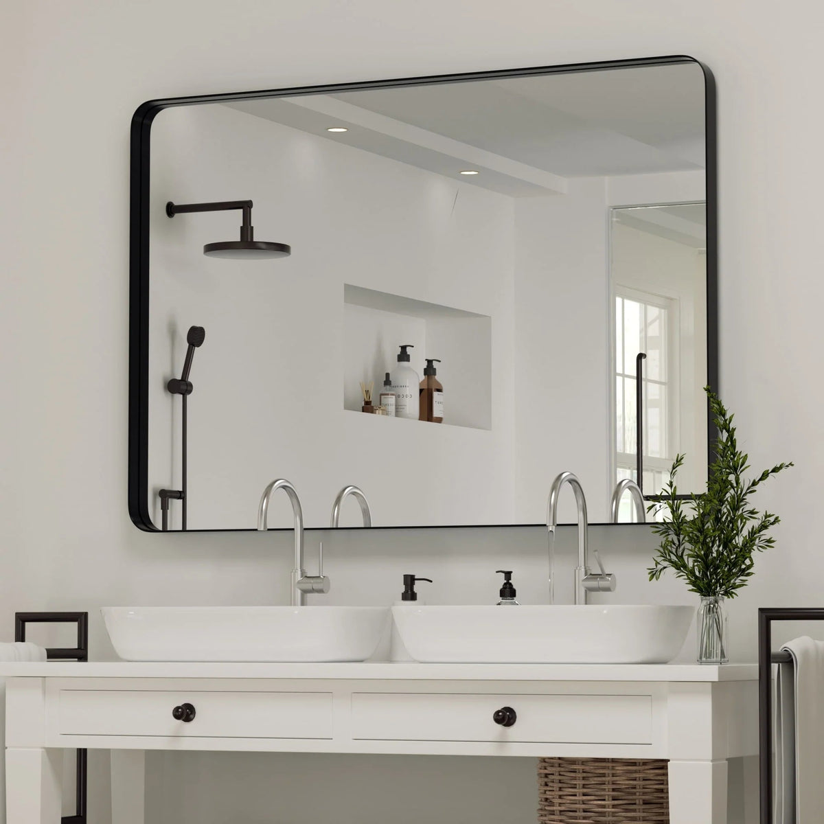 Framed Wall Vanity Mirror With Rounded Corners, 1 Piece