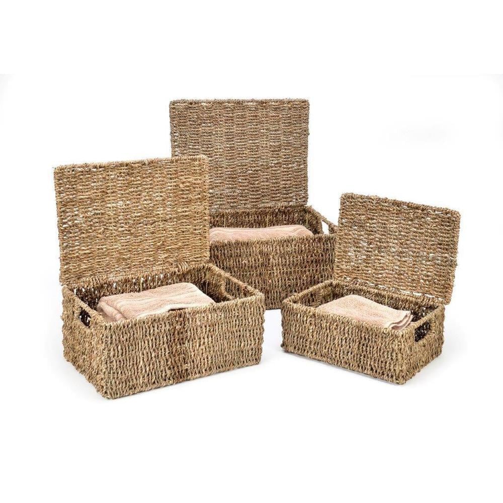 Set Of 3 Small Rectangular Seagrass Storage Baskets With Lids - Natural Beige