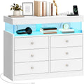 YITAHOME 6-Drawer Wood Dresser With LED Lights, Charging Station And Open Shelf Storage, White - 15.7"D x 39.3"W x 32.8"H