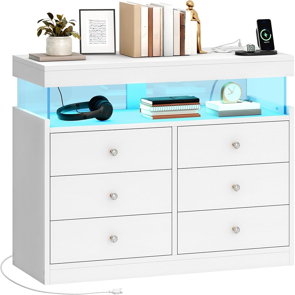 YITAHOME 6-Drawer Wood Dresser With LED Lights, Charging Station And Open Shelf Storage, White - 15.7"D x 39.3"W x 32.8"H