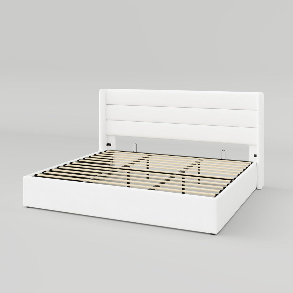 Queen Size Lift-Up Storage Bed With Wingback Headboard, Upholstered Platform Bed Frame With Hidden Storage