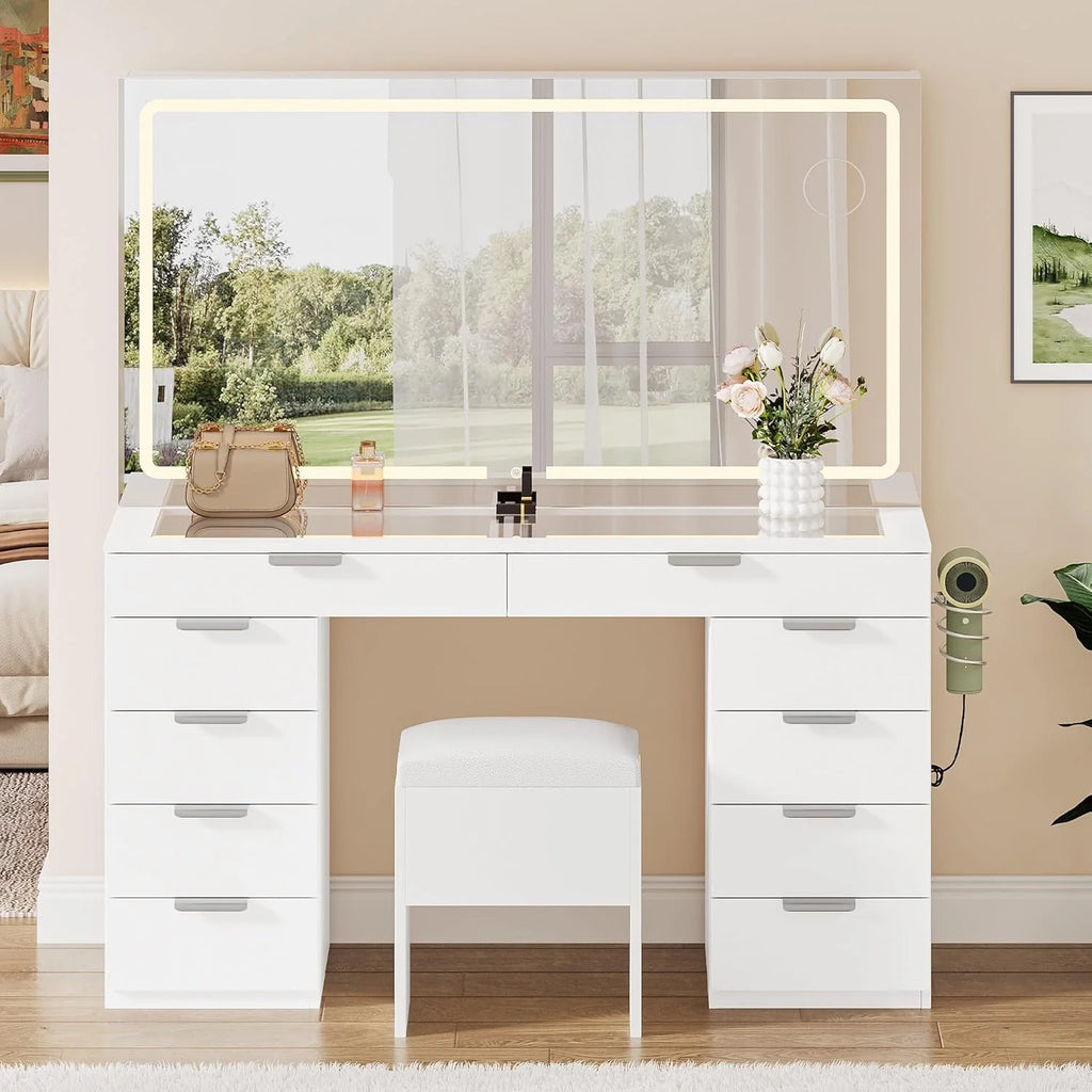 YITAHOME Vanity Set With LED Mirror, 10 Drawers, Stool, Pure White, 15.7 x 46 x 55.9 in