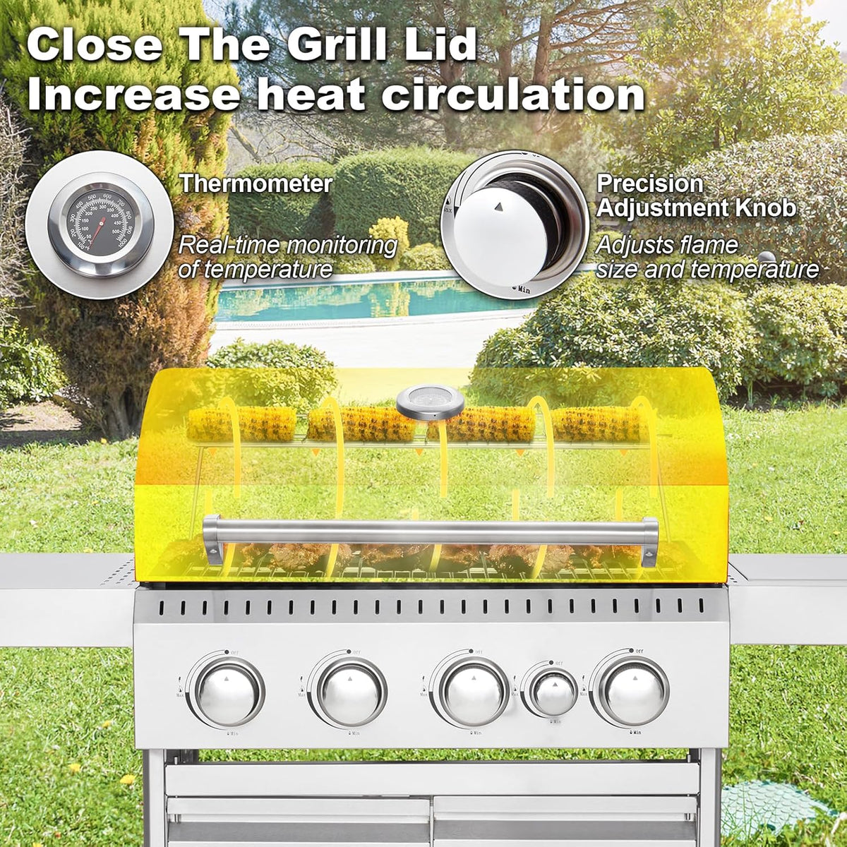 MELLCOM 4 Burner Propane Gas Grill With Cast Iron Grates And Side Stove, 44,000 BTU, Black - BBQ-4+1