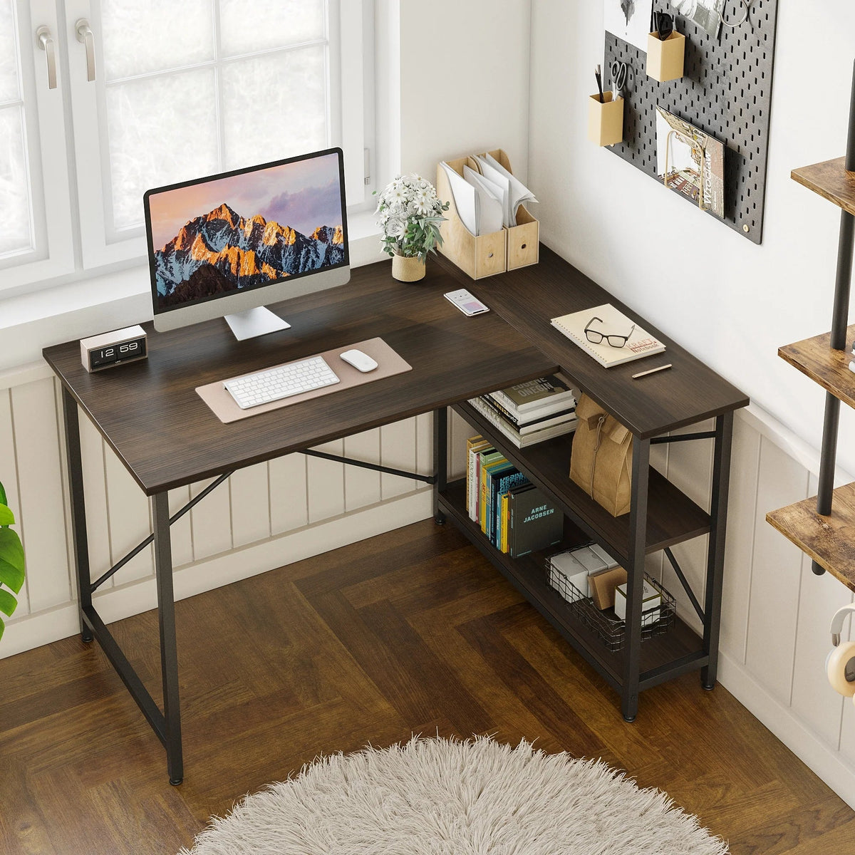 Small L-Shaped Computer Desk With Reversible Storage Shelves - 55-Inch / 47-Inch