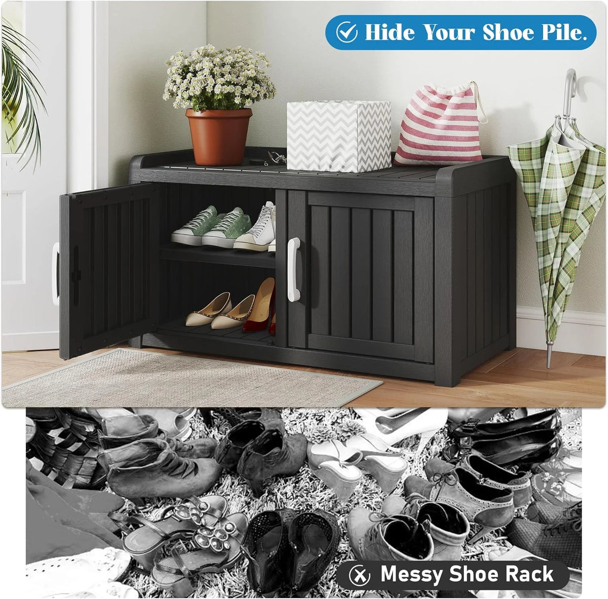 KAMABOKO Outdoor Shoe Storage Cabinet, Black, 2 Doors