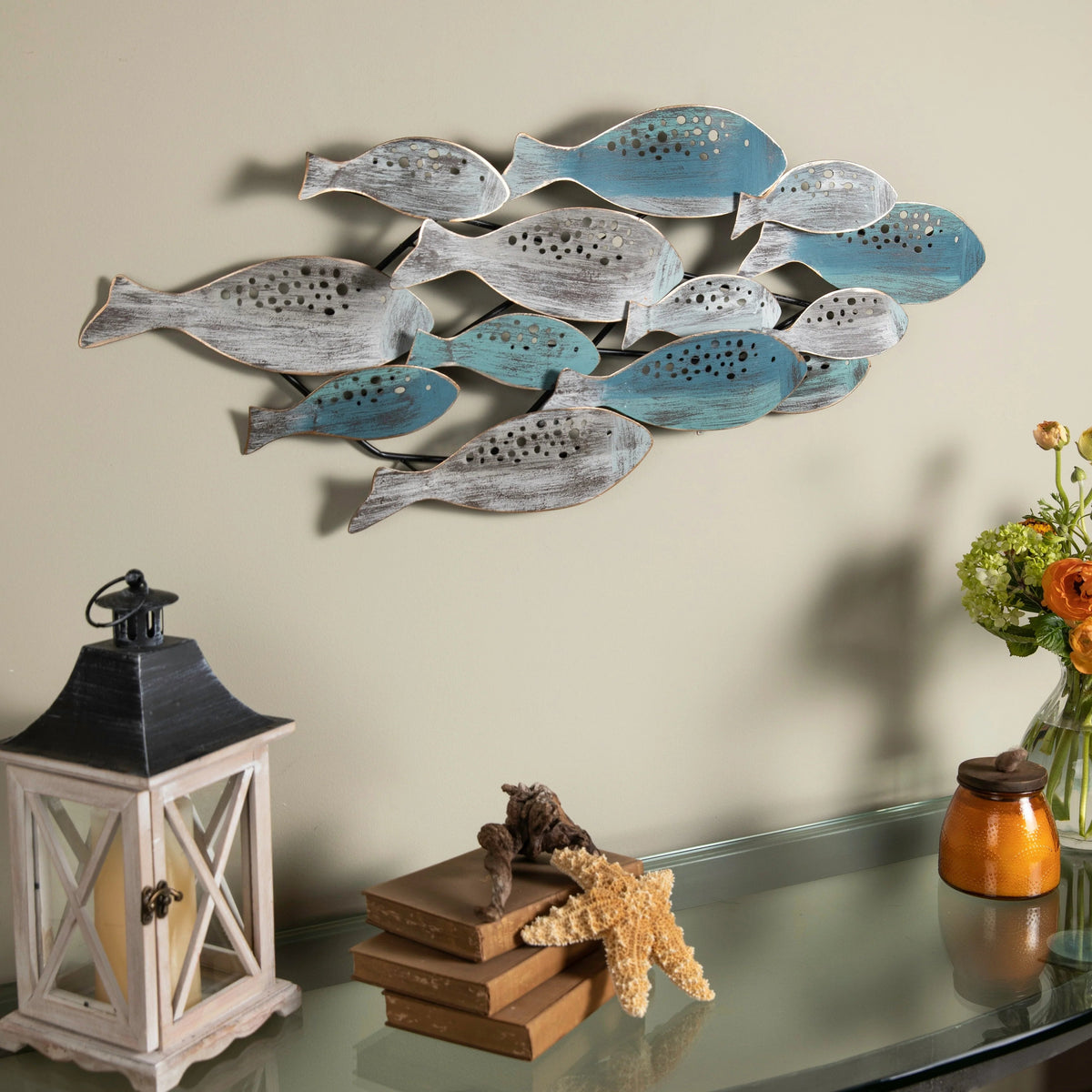 Metal Fish Wall Sculpture, Blue And Aqua, 35.75 Inches H x 14.75 Inches W x 1.75 Inches D