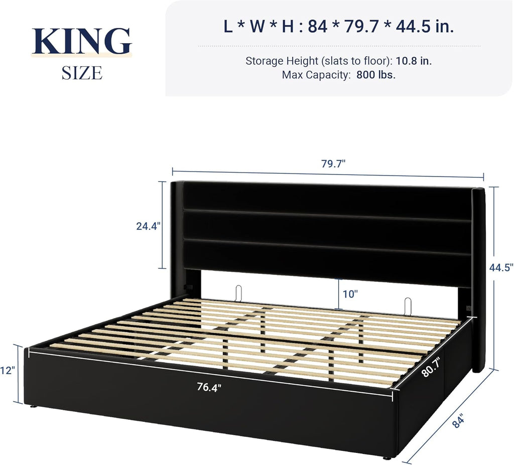 Queen Size Lift-Up Storage Bed With Wingback Headboard, Upholstered Platform Bed Frame With Hidden Storage