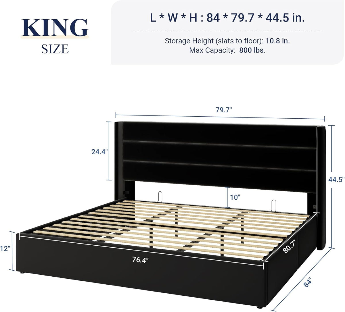 Queen Size Lift-Up Storage Bed With Wingback Headboard, Upholstered Platform Bed Frame With Hidden Storage