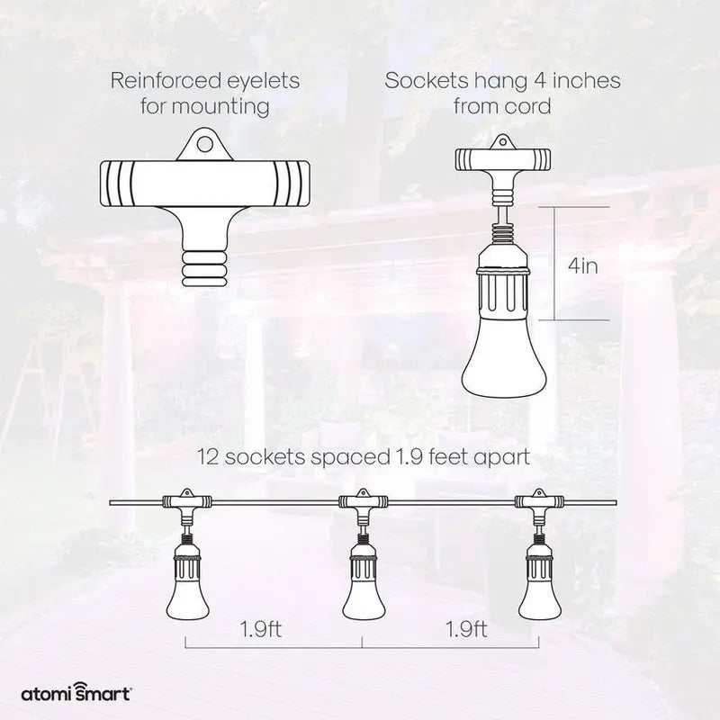 Atomi Smart WiFi Color String Lights, 24-Foot, 12 LED Bulbs - AT1326