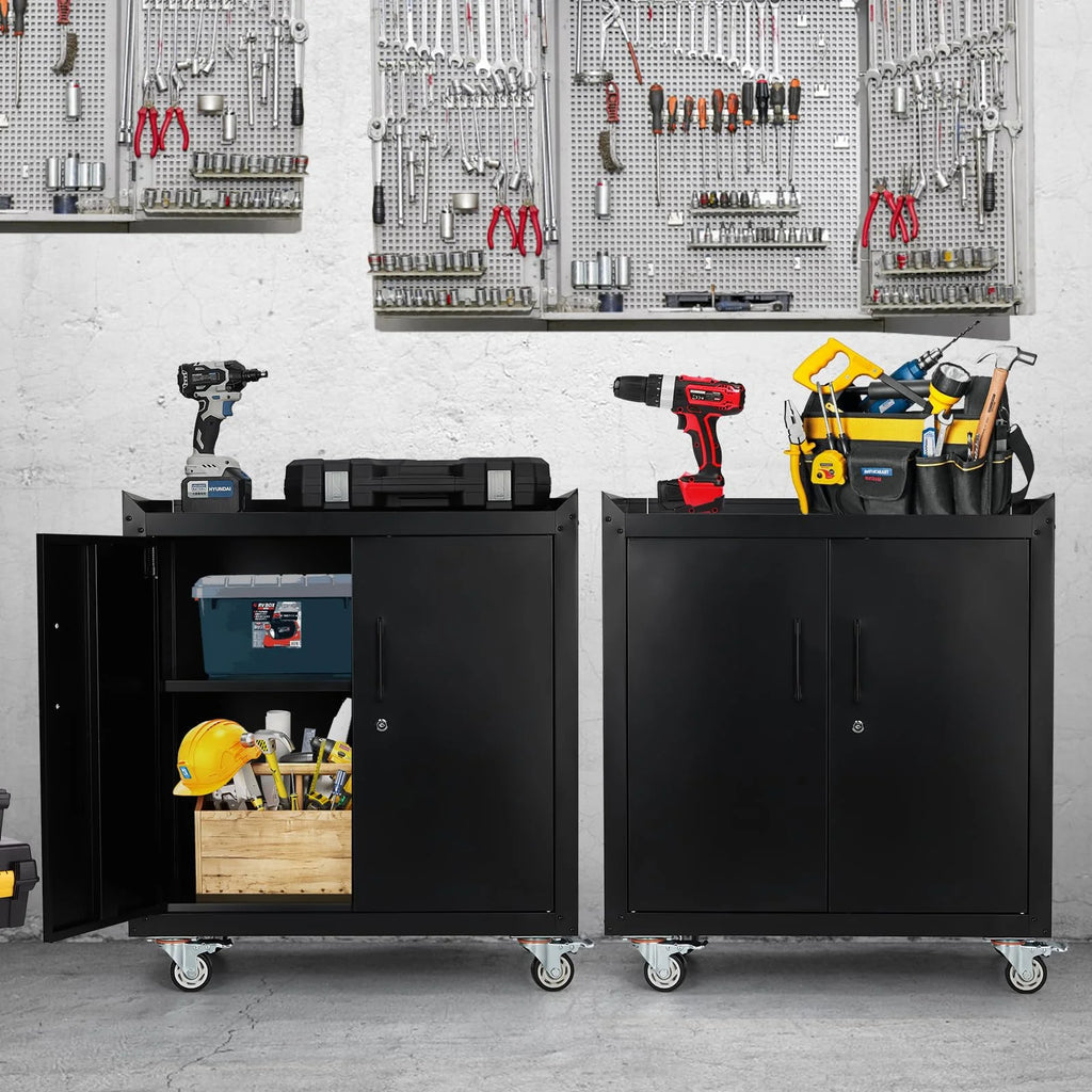 Lockable Metal Garage Storage Cabinet With Wheels, 2 Doors, 34 H X 30.3 L X 18 W - Garage Storage Cabinets