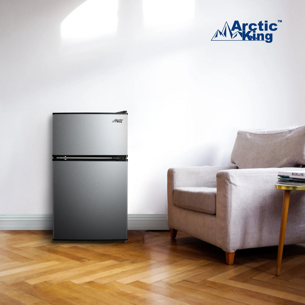 Arctic King Two-Door Mini Fridge With Freezer, 3.2 Cu ft, 18.5 in x 19.4 in x 33.3 in, Stainless Steel - E-Star