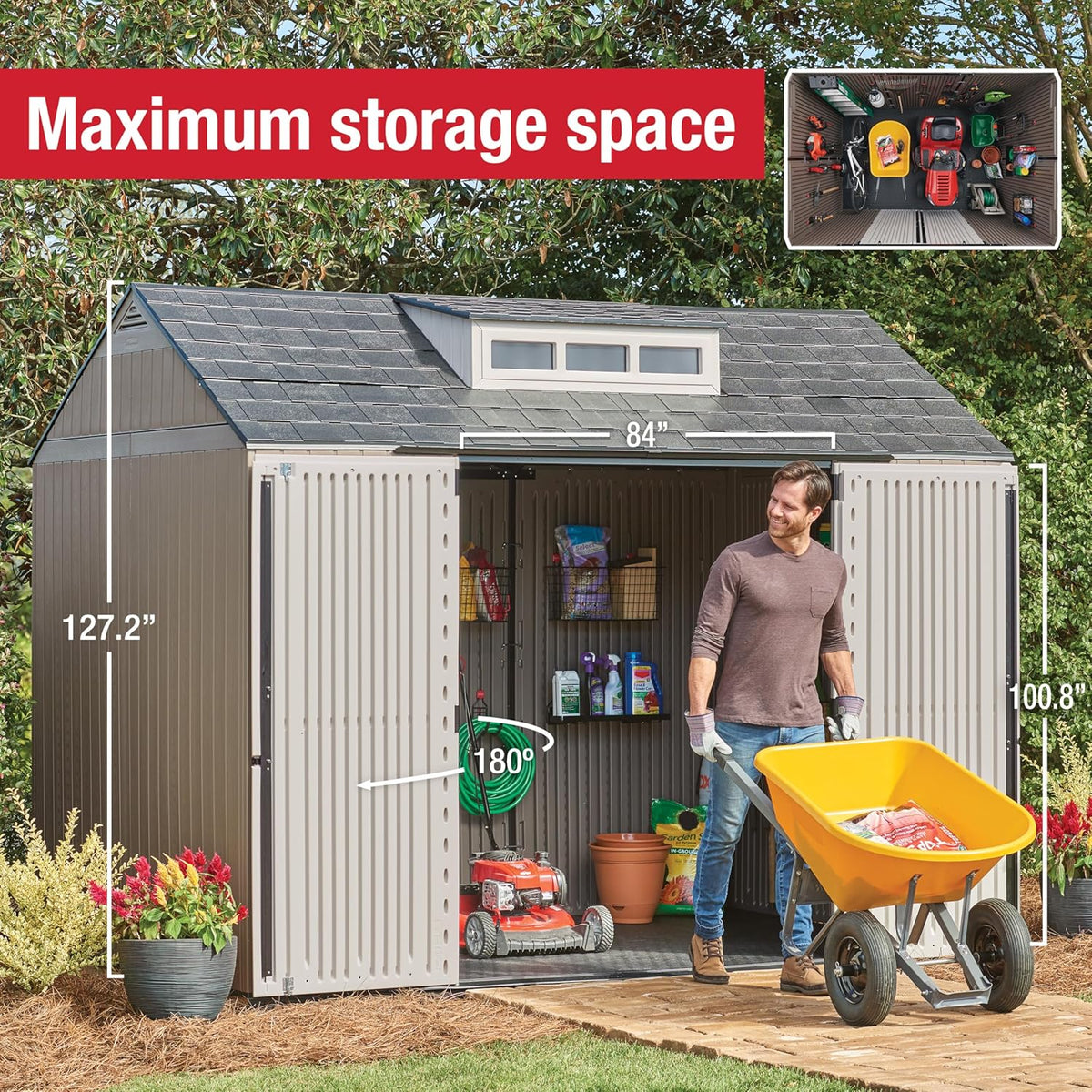 Rubbermaid Resin Outdoor Storage Shed With Floor, 7 x 7 Ft, Gray